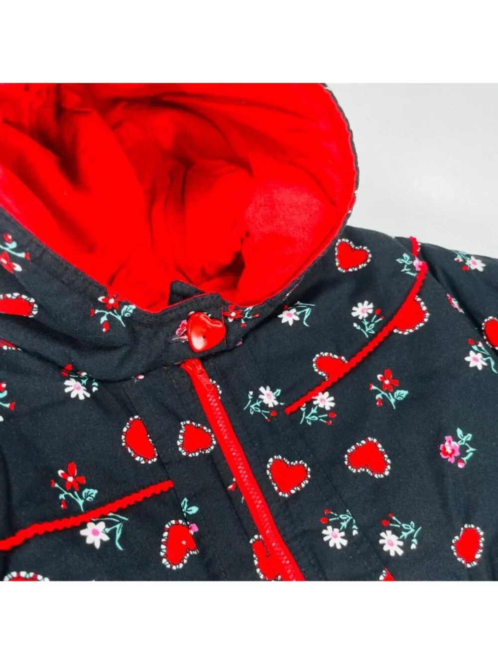 Vintage Baby Girls Black + Red Heart + Floral Print Winter Puffer Coat 12m